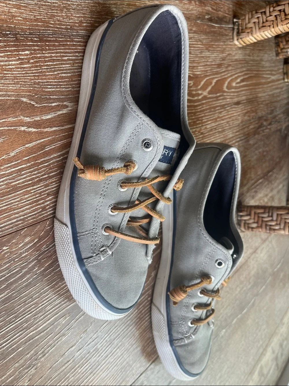 Sperry Light Gray Canvas Boat Shoes with Tan Laces
